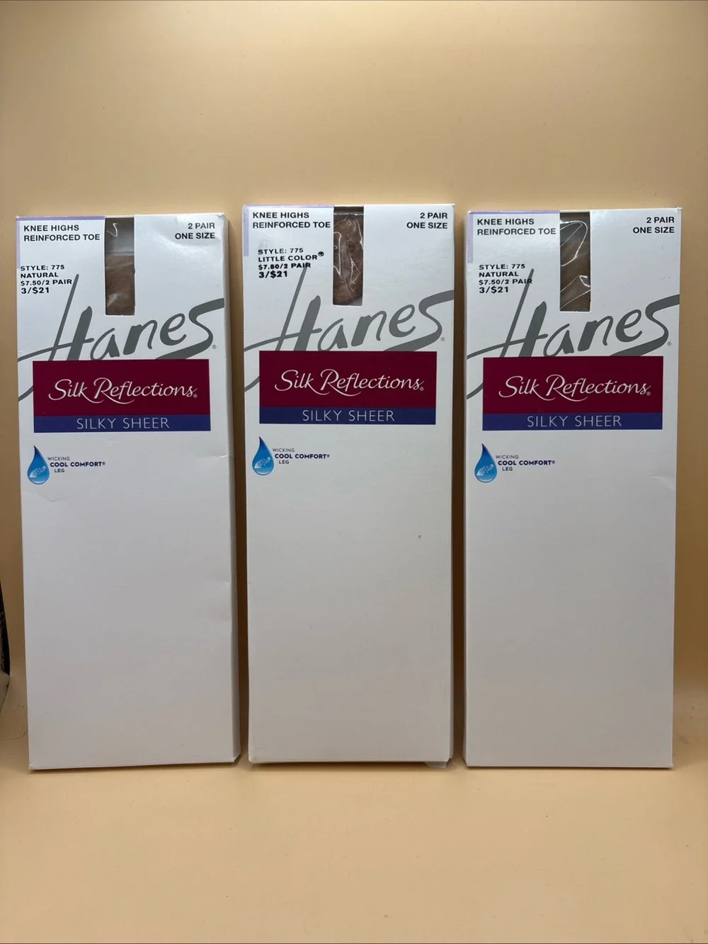 3X VTG NOS 2 Pk Hanes #775 Silk Reflections Silky Sheer Knee High Natural Nylons